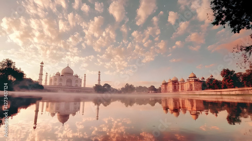 The Taj Mahal at dawn  reflecting in the water 