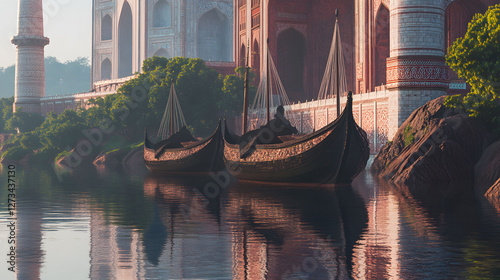 The Taj Mahal at dawn  reflecting in the water 