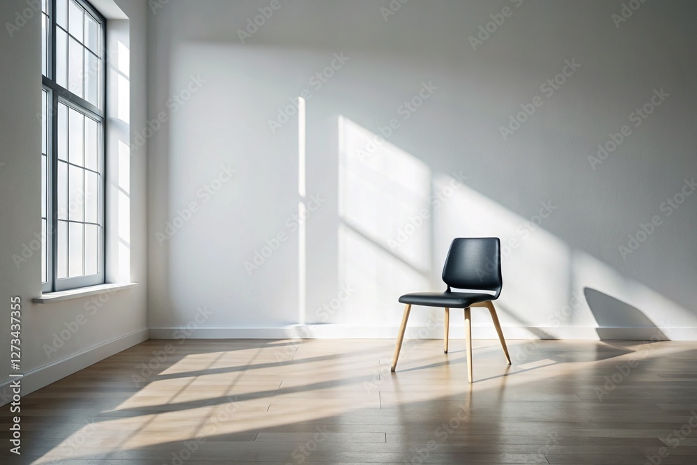 Fototapeta premium Minimalist Room: Black Chair by Window, White Wall - Modern Interior Stock Photo
