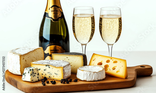 Various cheeses are arranged on a wooden board with a bottle and two glasses of sparkling wine. Concept of gourmet food and celebration.