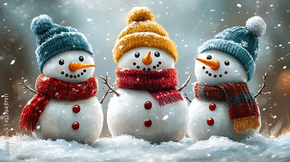 charming Cheerful Snowman with Hat and Scarf with falling snow in a Snowy Winter Scene holiday joy and winter festivity charming Cheerful Snowman with Hat and Scarf with falling snow in a Snowy Winter Scene holiday joy and winter festivity
