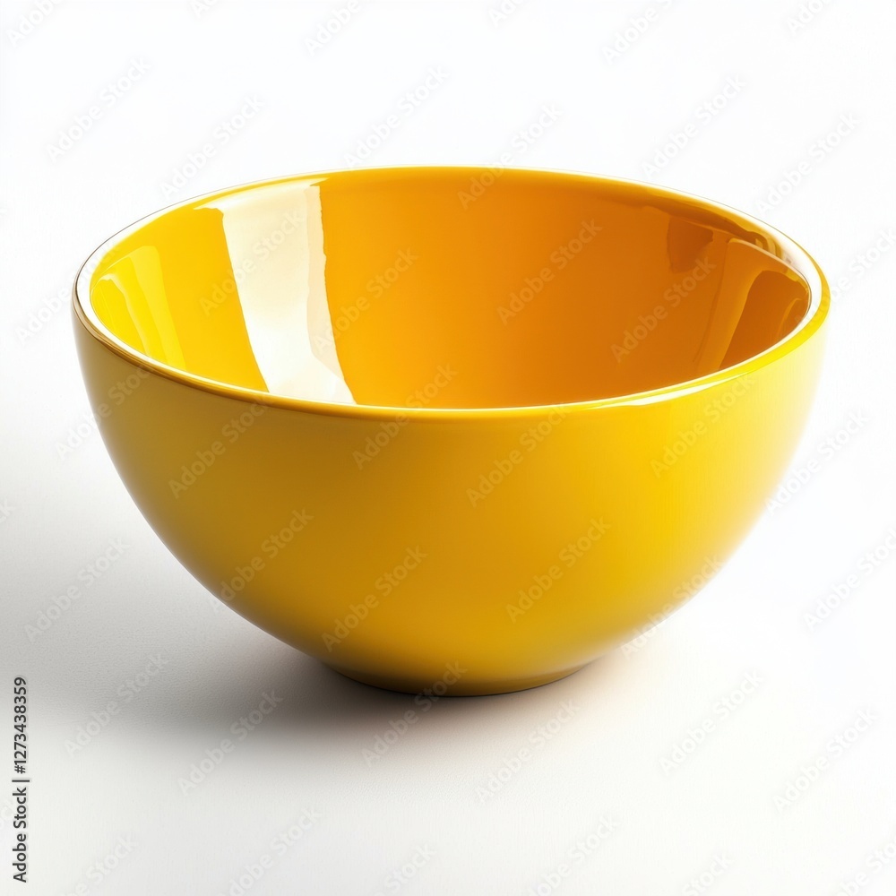 Isolated on white Bright yellow bowl with a smooth, reflective surface