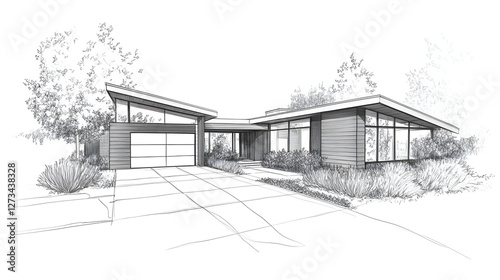 A modern house with large windows and an exterior of glass walls, sketched in an architectural drawing style
