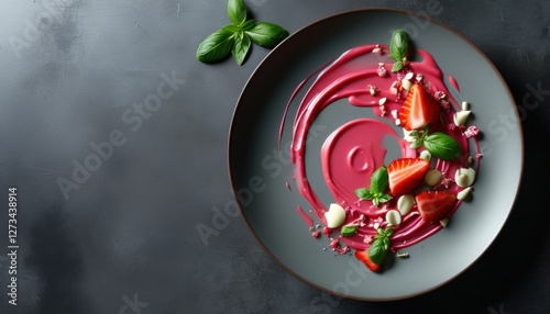 Fototapeta Naklejka Na Ścianę i Meble -  haute cuisine Ultra modern strawberry dish with copy space for culinary presentation and design projects