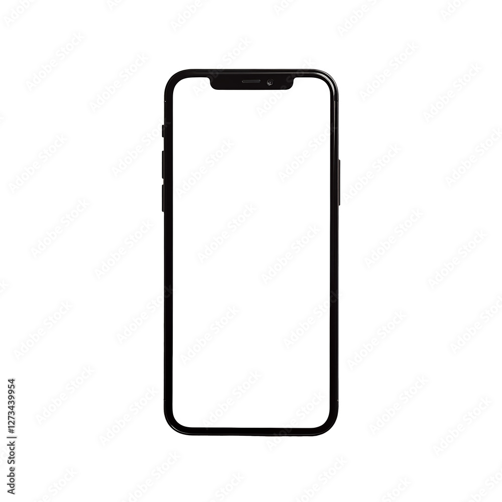 Black smartphone with large touch screen and minimal bezels in portrait view on white background Black smartphone with large touch screen and minimal bezels in portrait view on white background