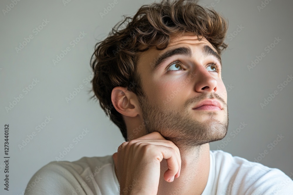 A person thinking deeply, with hand on chin A person thinking deeply, with hand on chin