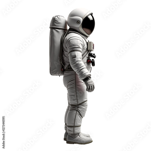 Astronaut suit profile in gray color with large helmet and backpack displayed in a neutral setting