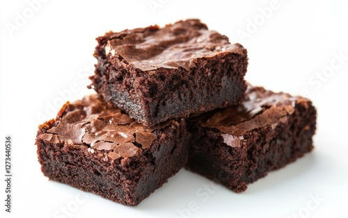 Rich chocolate brownies with a fudgy texture isolated on white