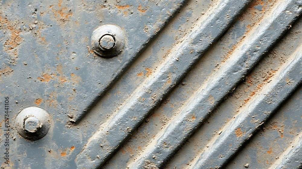 Gritty Gray Metal Diagonal Stripe Textured Surface Bolted with Rust Details Gritty Gray Metal Diagonal Stripe Textured Surface Bolted with Rust Details