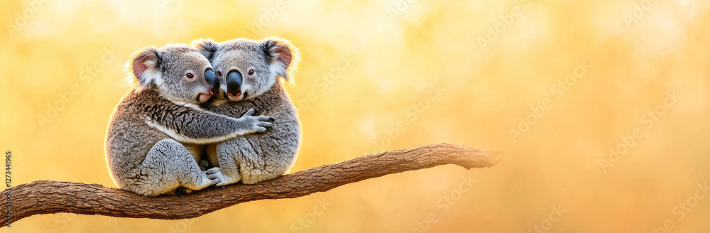Fototapeta premium Cuddling koalas on branch, showcasing affection in warm setting