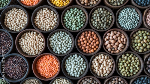 Wallpaper Mural A top-down view of a selection of dry legumes like lentils, chickpeas, and mung beans, displayed in small bowls with natural lighting Torontodigital.ca