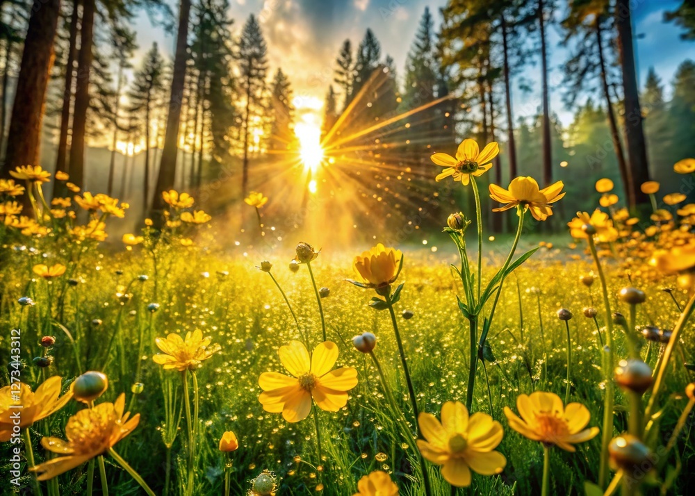 Obraz premium Sunrise Forest Dew-Kissed Wild Yellow Flowers Stock Photo