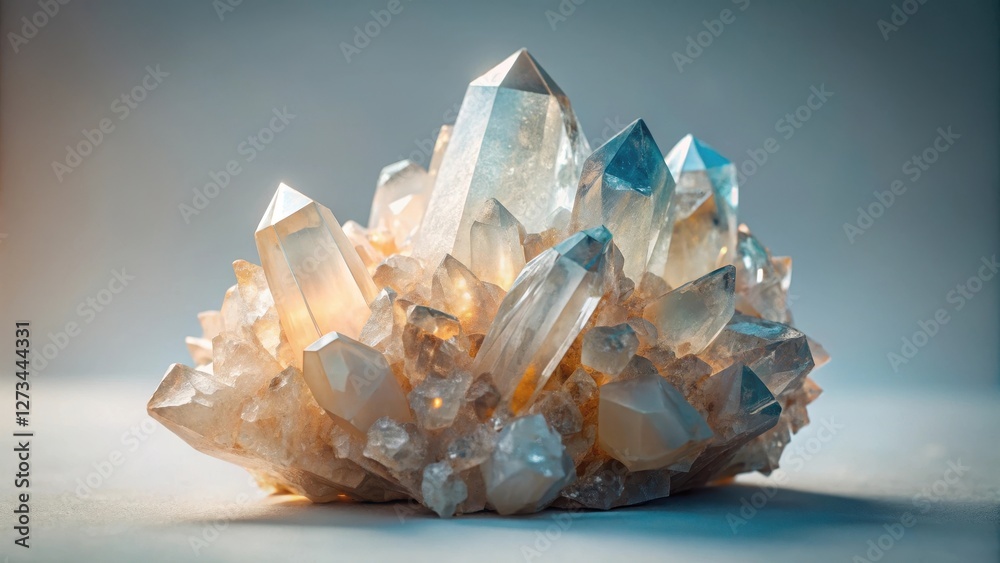 Illuminated Cluster of Sparkling Quartz Crystals, a Glimmering Display of Nature's Geometric Beauty Illuminated Cluster of Sparkling Quartz Crystals, a Glimmering Display of Nature's Geometric Beauty