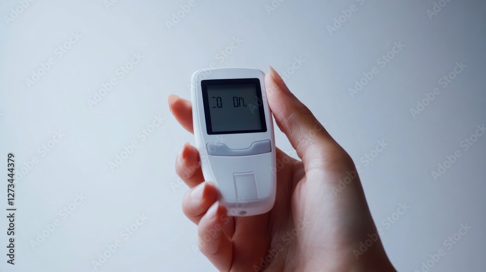 A hand holding a glucose testing device showing a blood sugar reading. Featuring health monitoring and diabetes management A hand holding a glucose testing device showing a blood sugar reading. Featuring health monitoring and diabetes management
