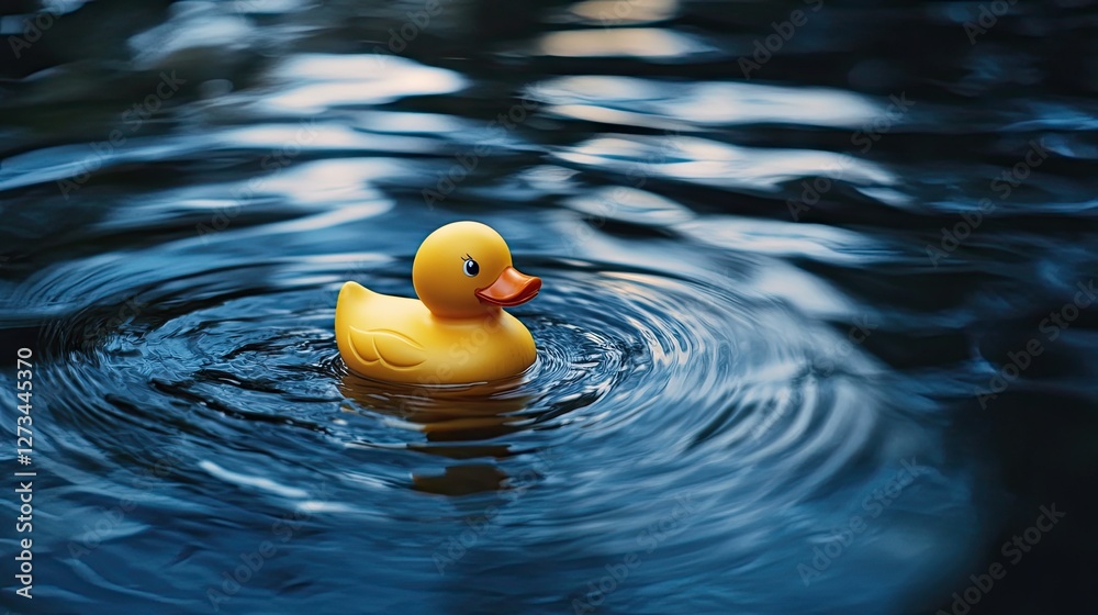 A yellow rubber duck floating in the water with gentle ripples surrounding it, evoking a peaceful, serene atmosphere A yellow rubber duck floating in the water with gentle ripples surrounding it, evoking a peaceful, serene atmosphere