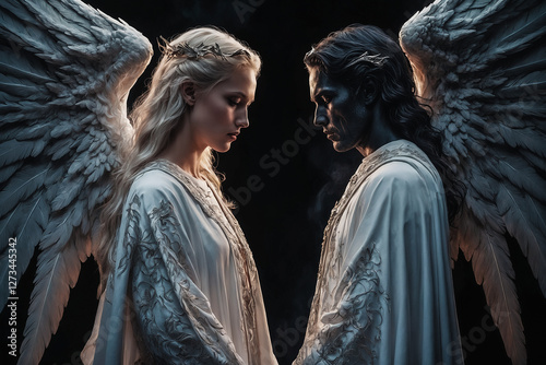 Illustration of an angel and a demon facing each other. The angel has white wings, the demon has black wings. Concept of good and evil, heaven and hell