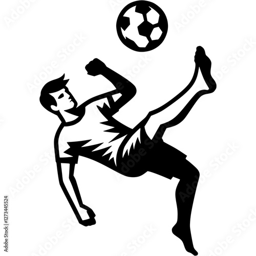 Tattoo emblem of beach soccer player kicks the ball while falling over himself in monochrome. Engraving minimalistic vector in black ink drawing on transparent background