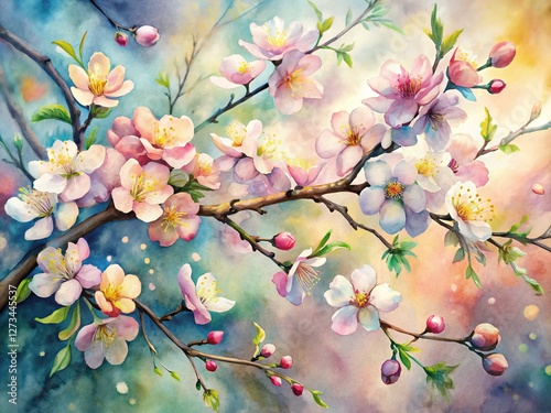 Watercolor Botanical Floral Design: Delicate Blooms & Branches Stock Photo