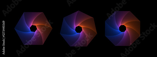 Vector set spirograph figures. Colors abstract tunnel. Wireframe twisted spirals. Sacred geometry with lines in the form hexagon, heptagon, octagon.