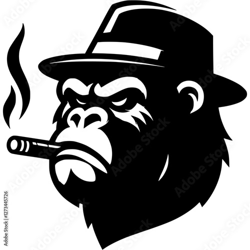Tattoo of mafia gangster in hat with cigar in his teeth was burning in monochrome. Chimpanzee bandit. Engraving minimalistic vector in black ink drawing on transparent background
