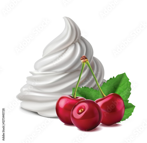 3d realistic vector icon illustration. White whipped cream with whole cherry with leaves.