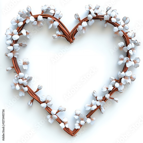 Heart Shaped Wooden Frame Adorned with White Fluffy Flowers on White Background