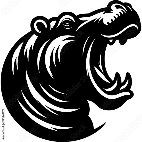 Tattoo of irritated hippopotamus with mouth open head in monochrome. Wild hippo in madness. Engraving minimalistic vector in black ink drawing on transparent background