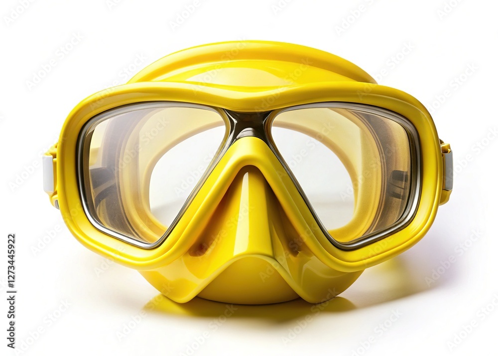 Yellow Diving Mask Flat Lay, Isolated on White Background - Underwater Gear Stock Photo Yellow Diving Mask Flat Lay, Isolated on White Background - Underwater Gear Stock Photo