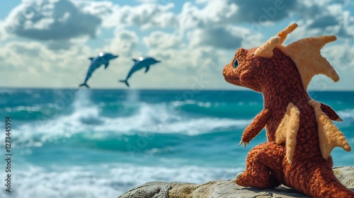 Stuffed dragon watching dolphins jump in the distance ocean backdrop