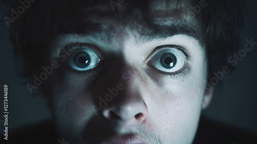 Withdrawal symptoms cause fear. A person with wide eyes, looking alarmed photo