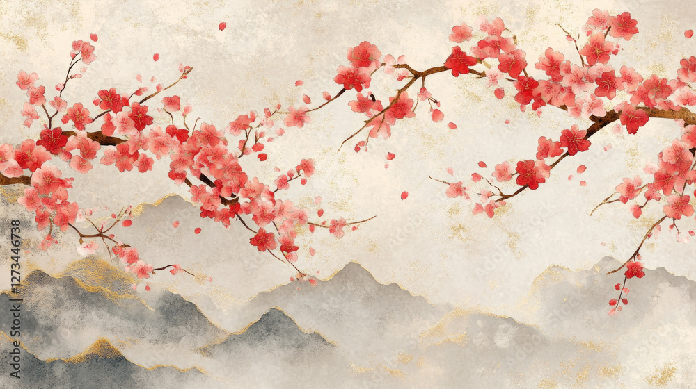 Fototapeta premium Sakura floral design featuring delicate pink blossoms with gold accents against soft mountain background