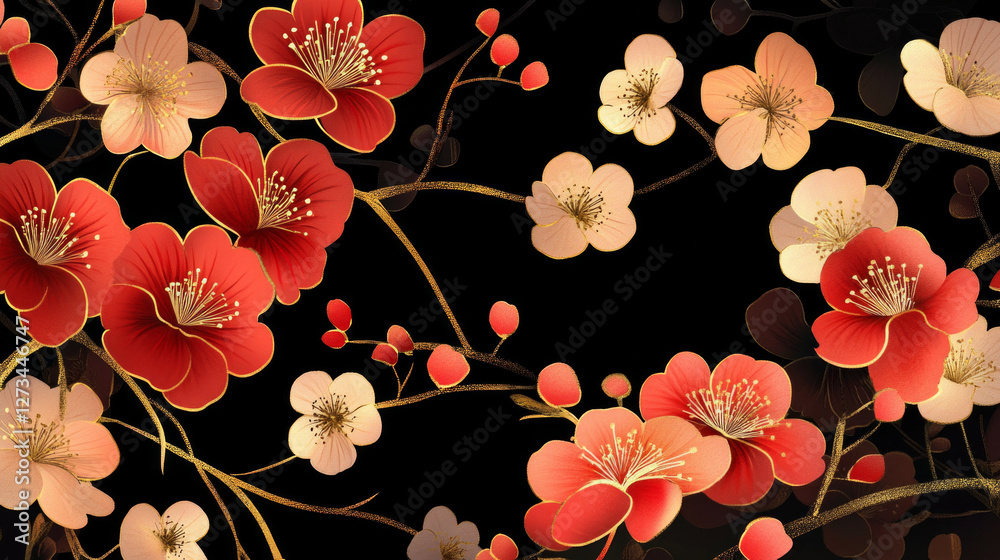 Sakura floral design with gold accents that showcases the beauty of Japanese-inspired aesthetics Sakura floral design with gold accents that showcases the beauty of Japanese-inspired aesthetics