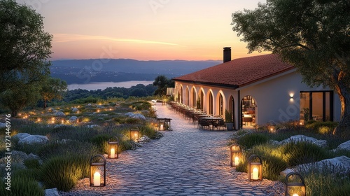 Sunset terrace restaurant with lavender path, hilltop views