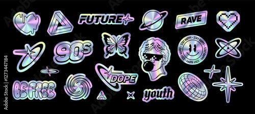 Y2K holographic stickers pack of trendy style and text quotes label collection (part 3). Aesthetic of retro futurism 2000s rave stickers with text: future, tag descent metallic texture