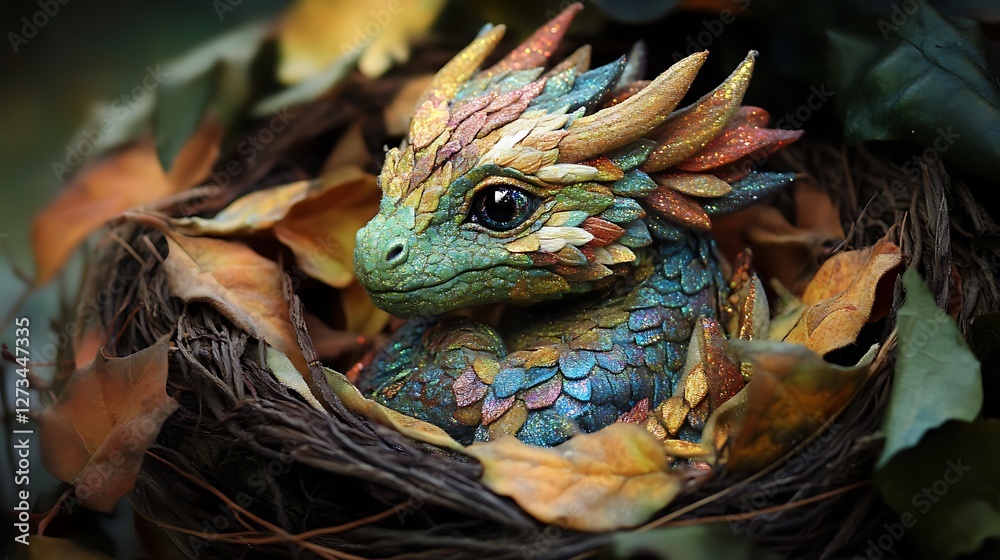 Stuffed dragon with glittery scales resting in a cozy nest of leaves Stuffed dragon with glittery scales resting in a cozy nest of leaves