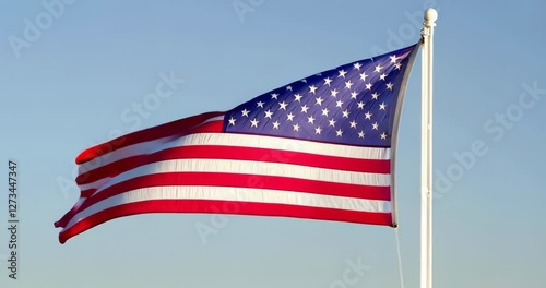 The American flag waves against a clear sky