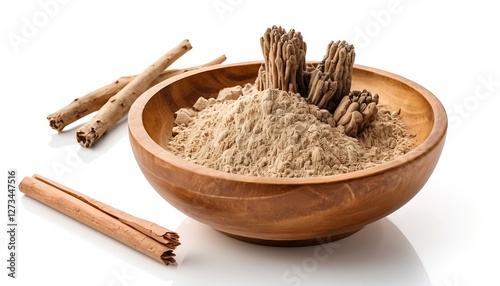 Cordyceps Militaris Powder and Cinnamon Sticks in Wooden Bowl
