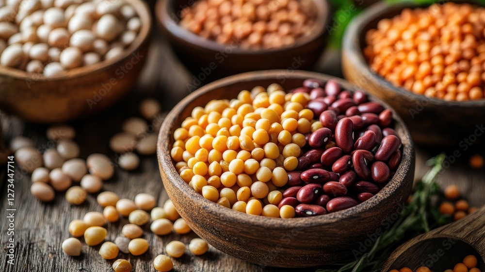 A healthy mix of dry legumes including kidney beans, lentils, and chickpeas, placed on a wooden countertop with natural light A healthy mix of dry legumes including kidney beans, lentils, and chickpeas, placed on a wooden countertop with natural light