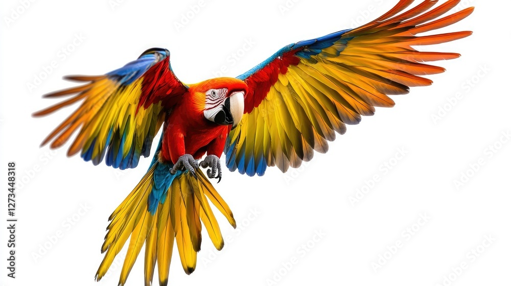 Fototapeta premium A macaw in flight, wings fully spread, with vivid feathers contrasting against a bright white background, emphasizing its beauty and power