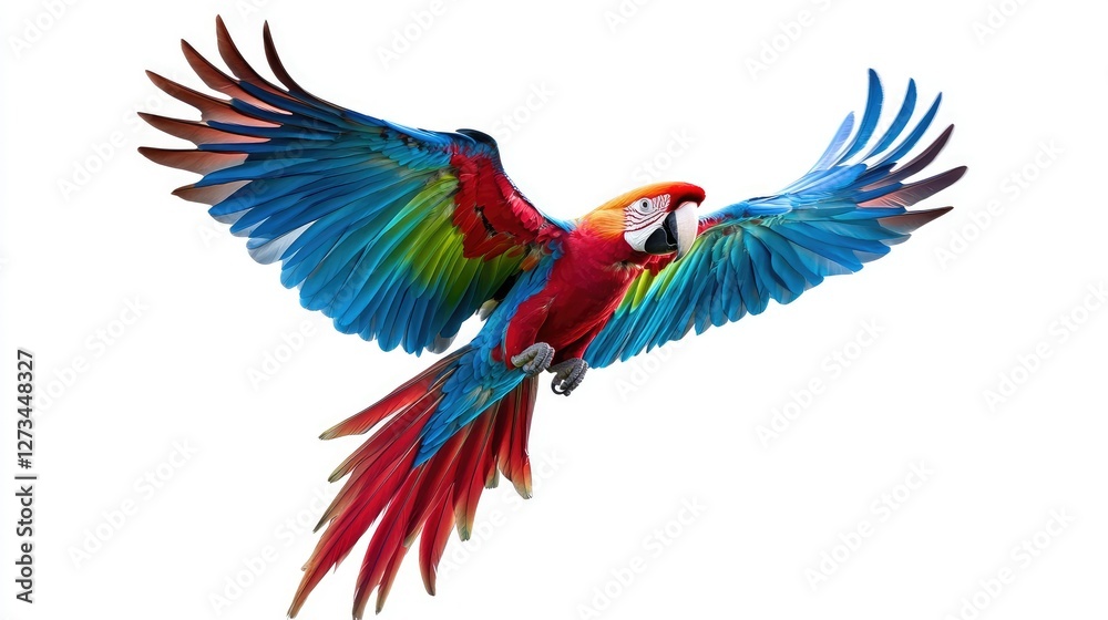 Obraz premium A macaw flying with elegance, wings extended wide, showcasing its colorful feathers against a stark white background