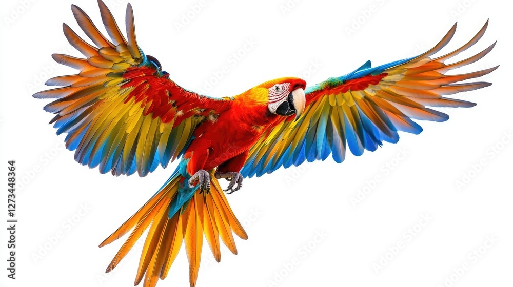 Fototapeta premium A macaw in flight, wings fully spread, with vivid feathers contrasting against a bright white background, emphasizing its beauty and power