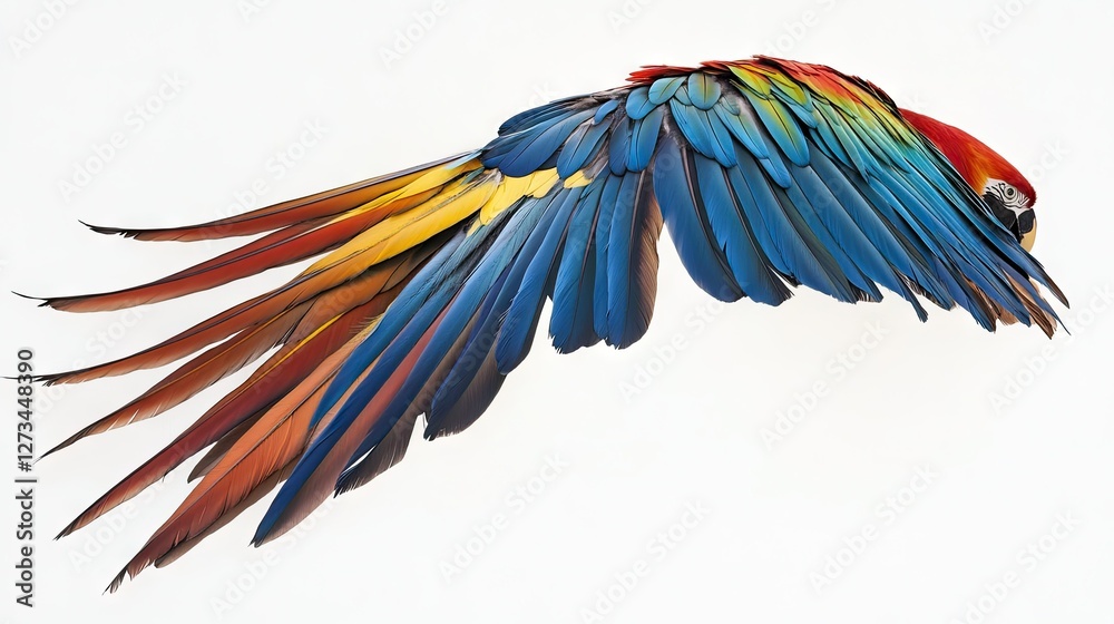 Obraz premium A macaw soaring through the air, showcasing its radiant feathers in blue, red, and yellow, isolated against a pristine white backdrop