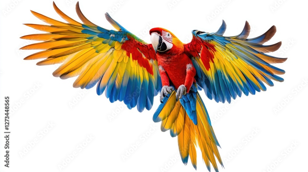 Obraz premium A macaw with colorful feathers in flight, wings extended, isolated against a white background to highlight the bird's bright and vivid colors