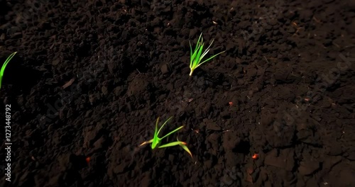 Green plant sprouts emerge from the fertile black soil