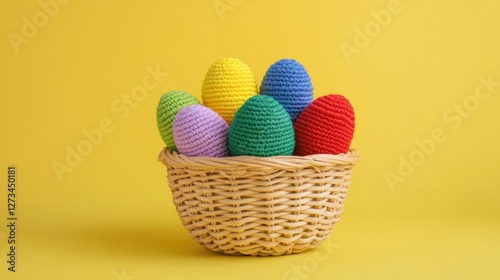 Adorable Crochet easter. Colorful decorative eggs in a woven basket against a bright yellow background.
