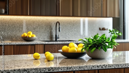 Realistic clean kitchen countertop with lemons and greenery for interior design with copy space