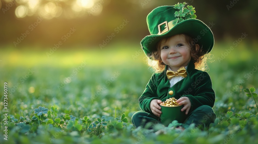 Adorable baby dressed as leprechaun, big green hat, gold buckle, chubby cheeks, joyful smile, green clover field shamrock, bright light, Saint Patrick's Day, cute, cheerful, Irish theme, celebration Adorable baby dressed as leprechaun, big green hat, gold buckle, chubby cheeks, joyful smile, green clover field shamrock, bright light, Saint Patrick's Day, cute, cheerful, Irish theme, celebration