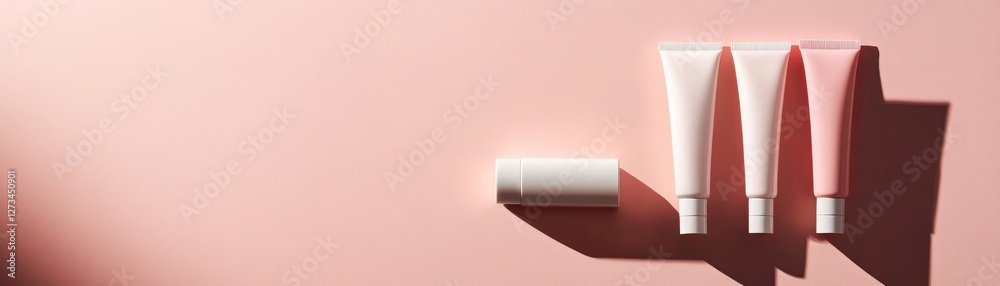 Minimalist display of cosmetic tubes against a soft pink backdrop Minimalist display of cosmetic tubes against a soft pink backdrop