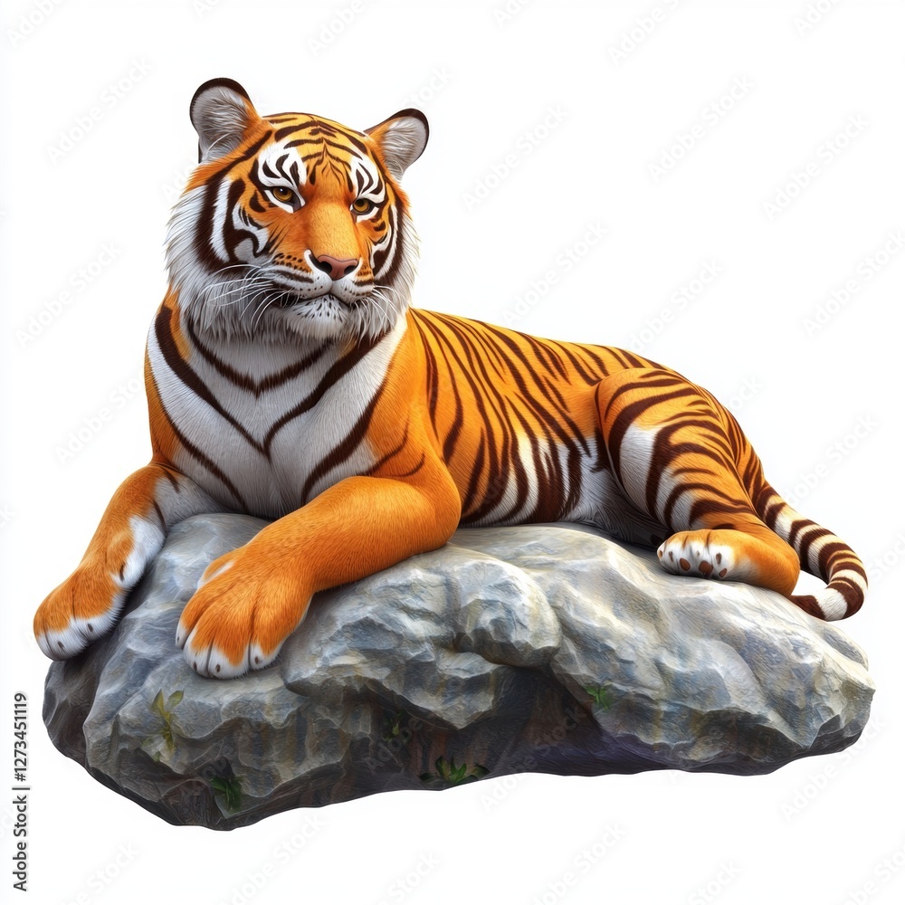Fototapeta premium Royal Bengal tiger resting on a rock isolated on white background