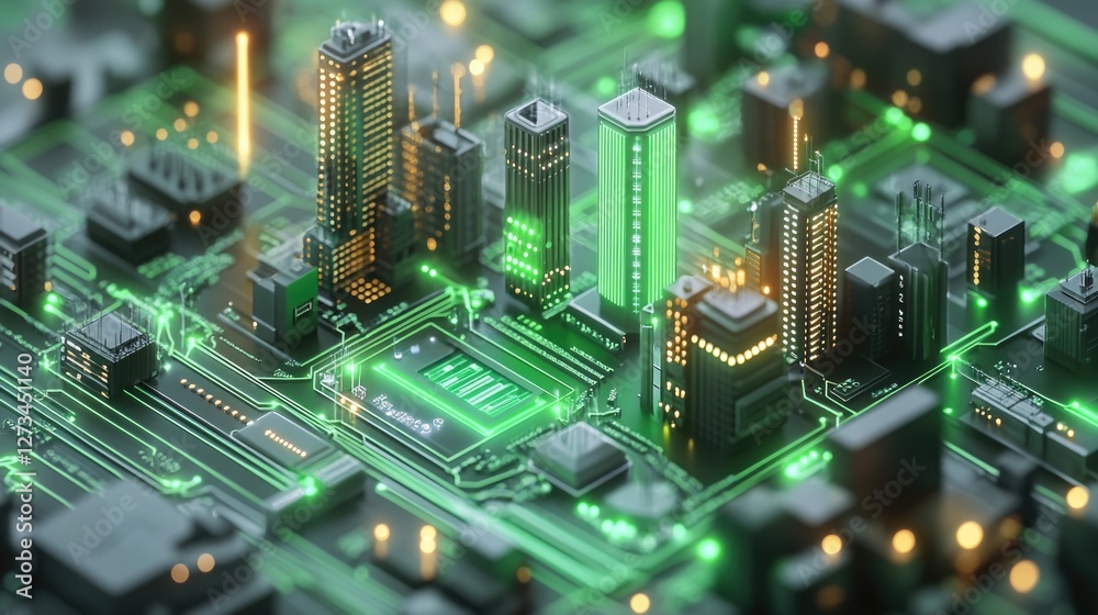 Obraz premium Computer circuit board with a cityscape visible in the background, suitable for technology and urban-themed projects